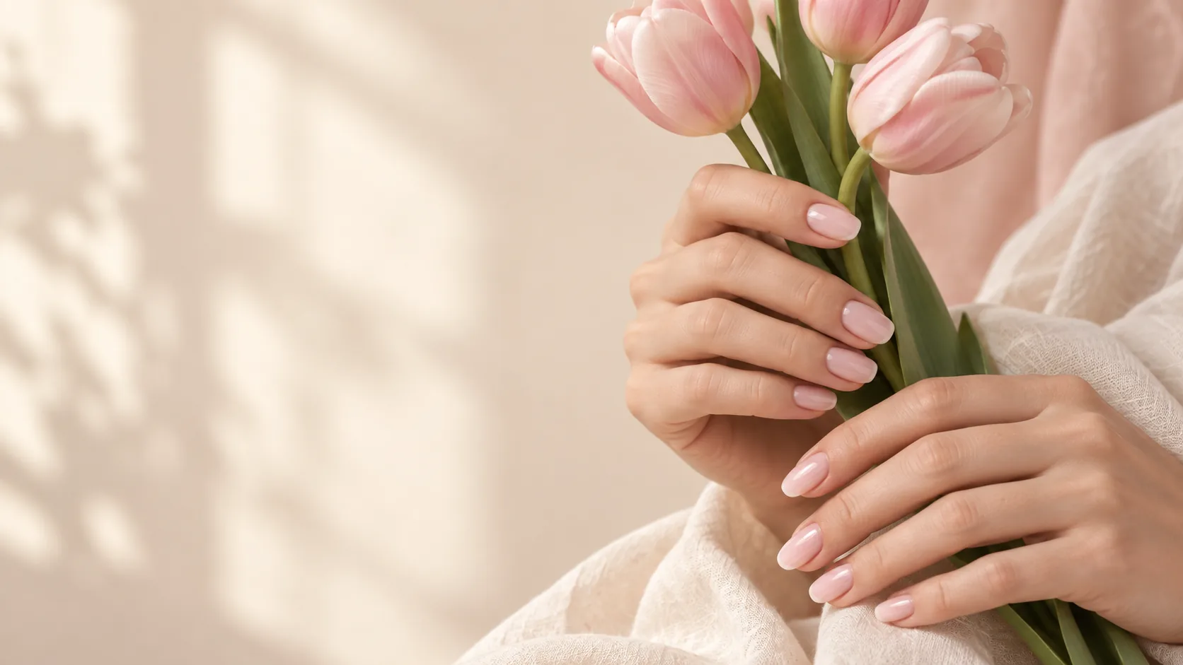Illustrative image of a sheer blush-pink manicure with soft pink tulips