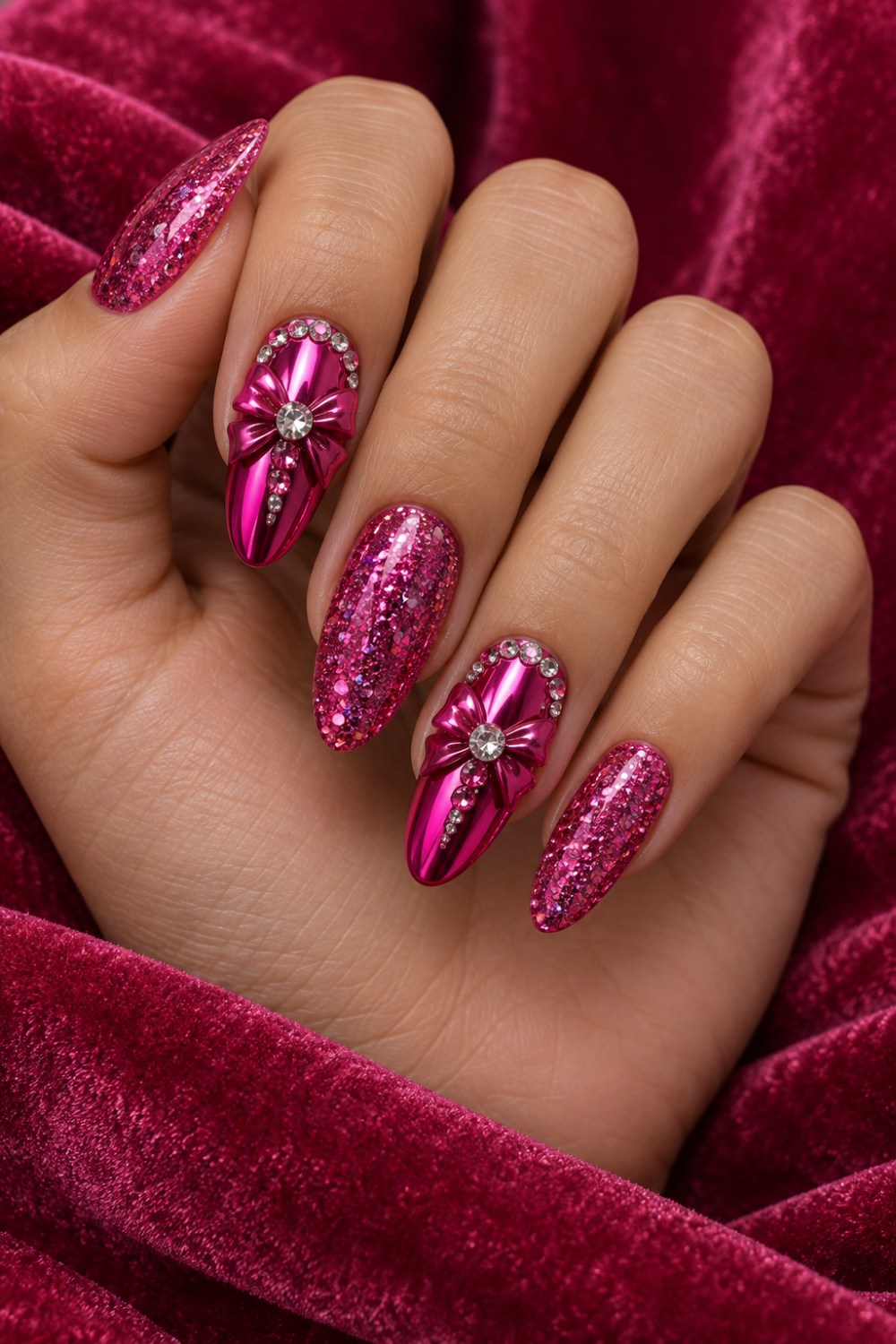 Electric fuchsia glitter, chrome bows and crystal trails.