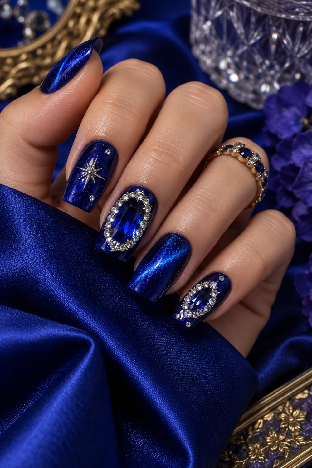 Cobalt magnetic shimmer with sapphire stones and clear halos.