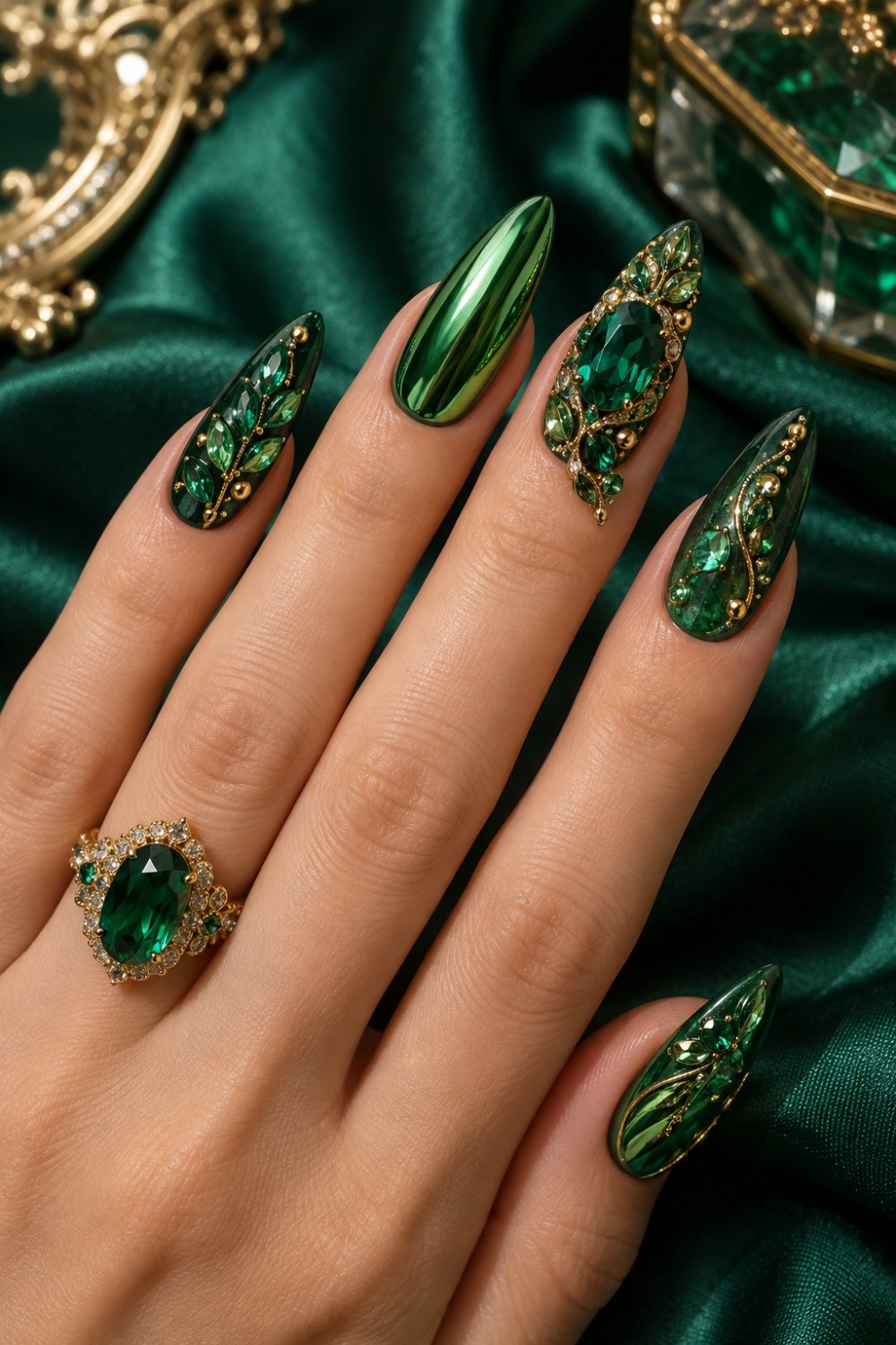 Emerald chrome, green crystals and fine gold beads.