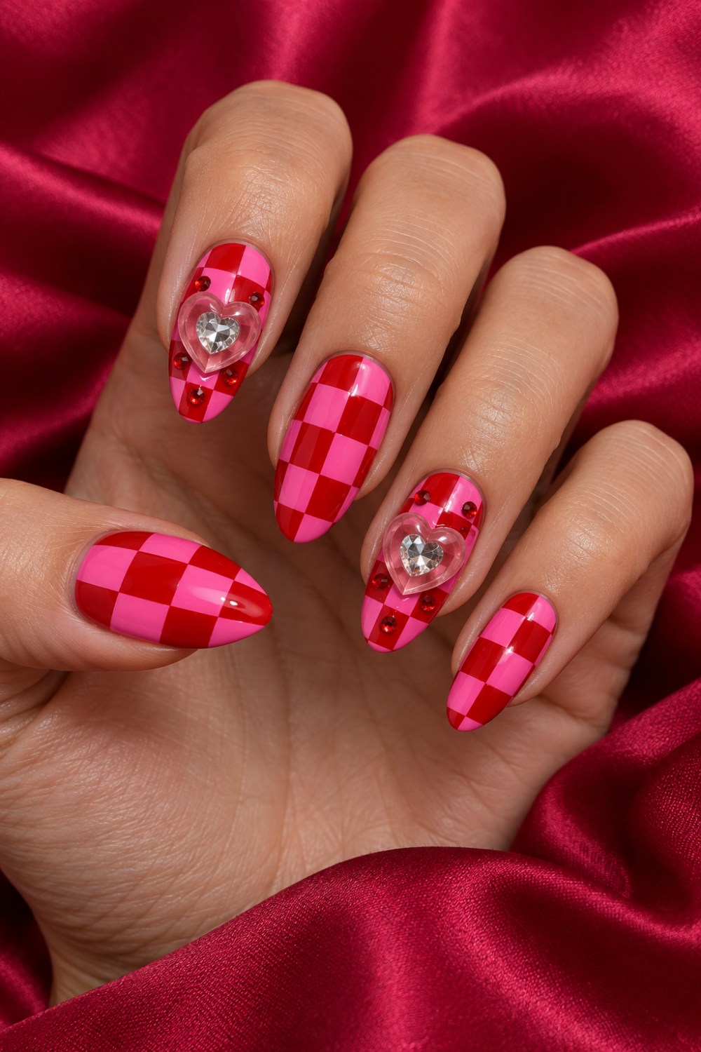 Cherry red and hot pink checks with crystal heart charms.