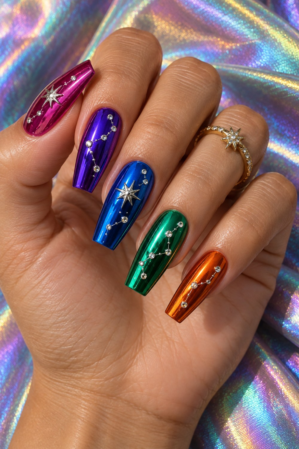 Fuchsia, violet, cobalt, emerald and orange chrome with crystals.