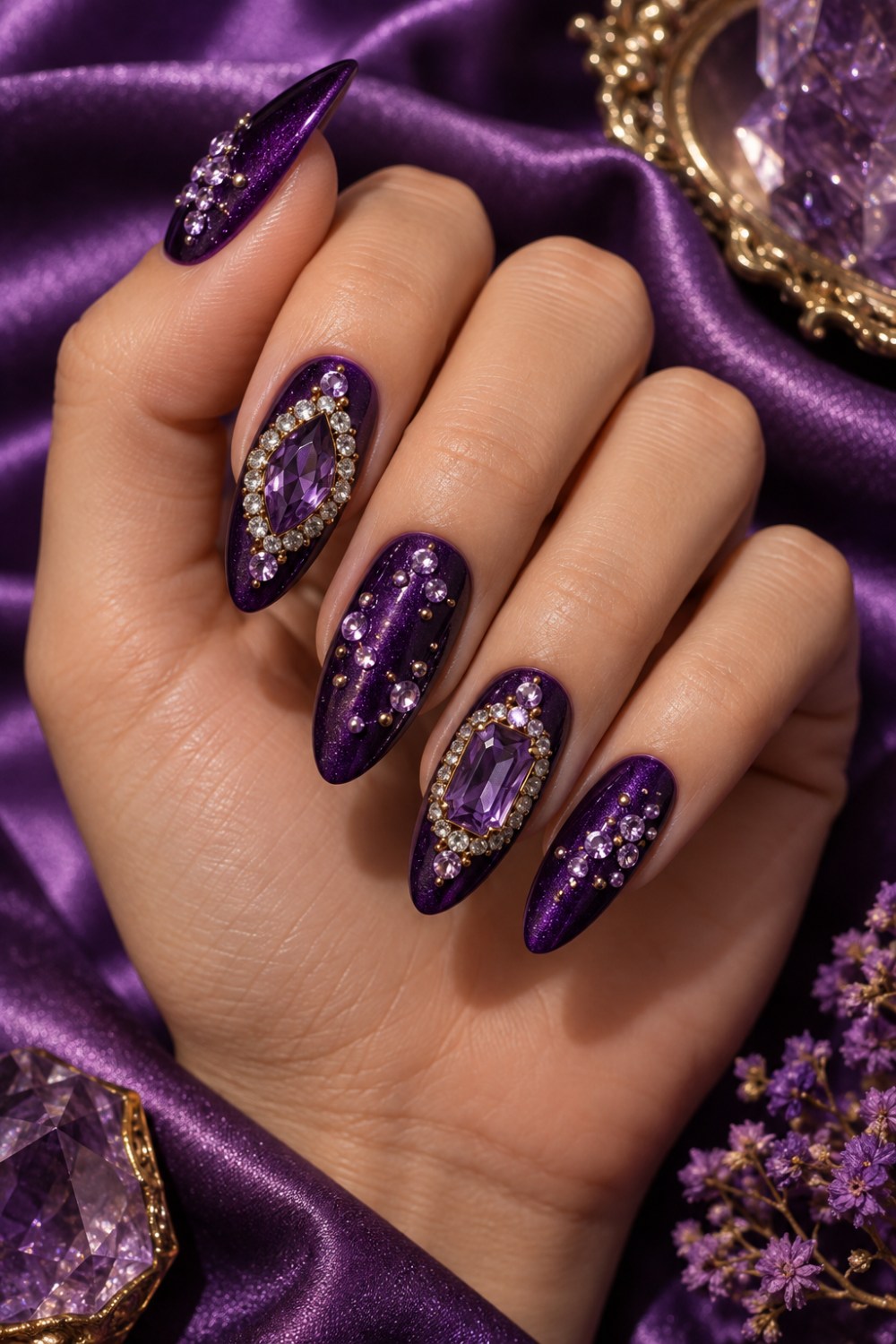 Royal-purple velvet polish with amethyst stones and clear halos.