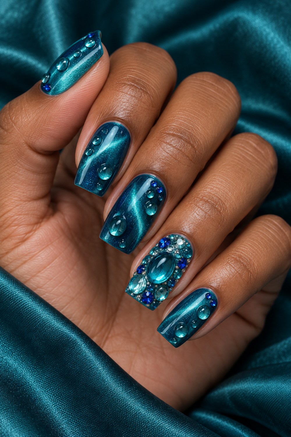 Teal cat-eye polish with raised droplets and sapphire accents.