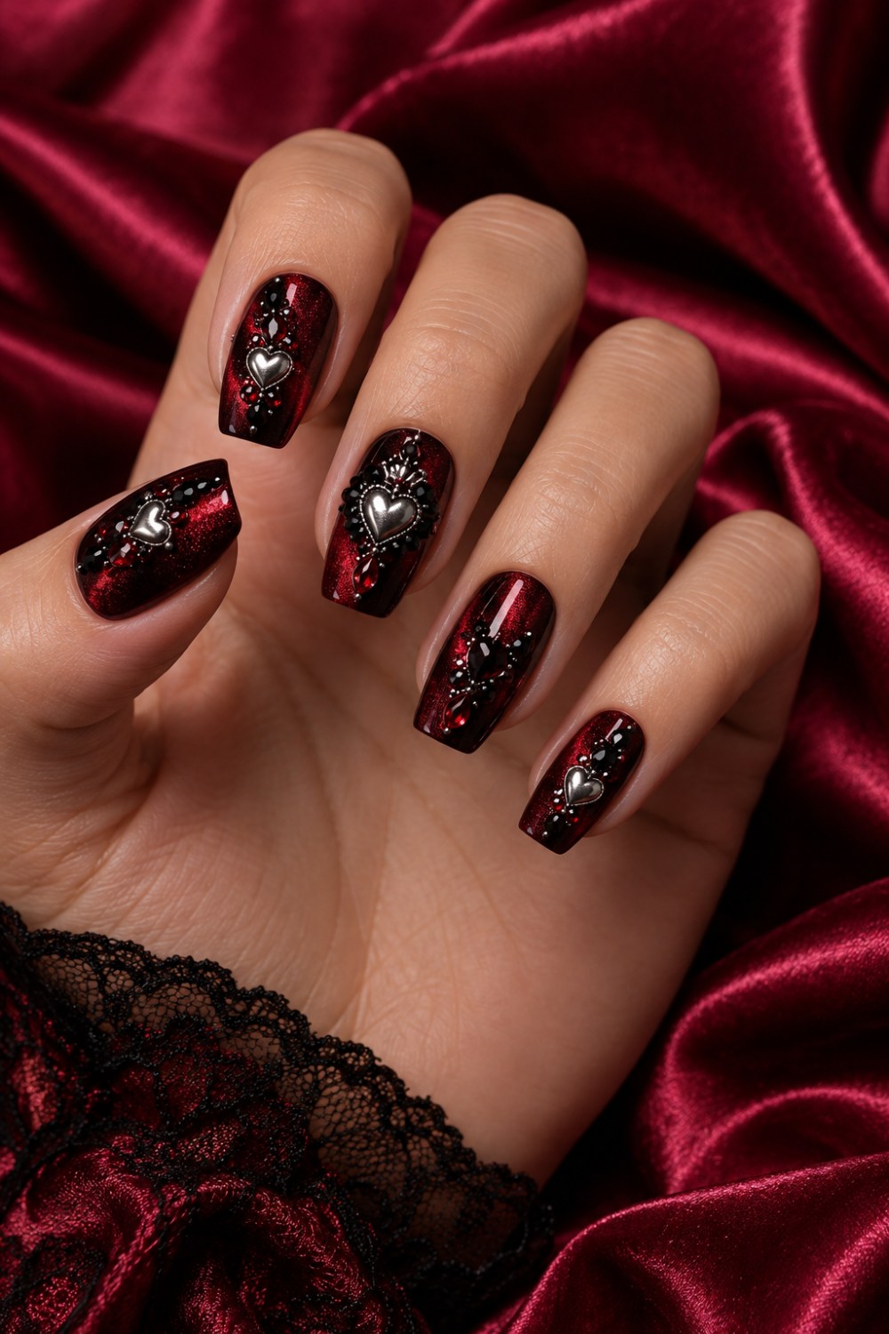 Black-cherry shimmer with silver hearts and dark red crystals.