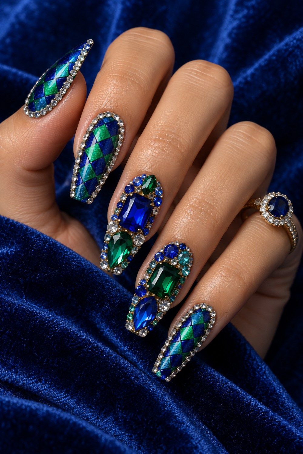 Cobalt and emerald checks framed with selective crystals.