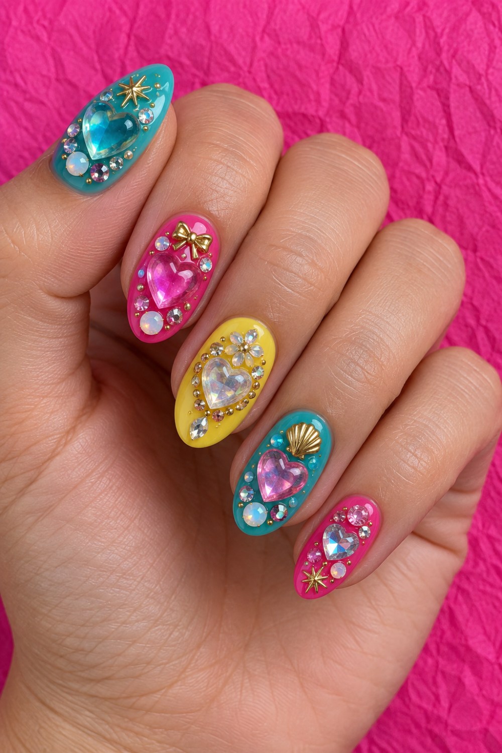 Turquoise, hot pink and lemon with glassy hearts and opal accents.