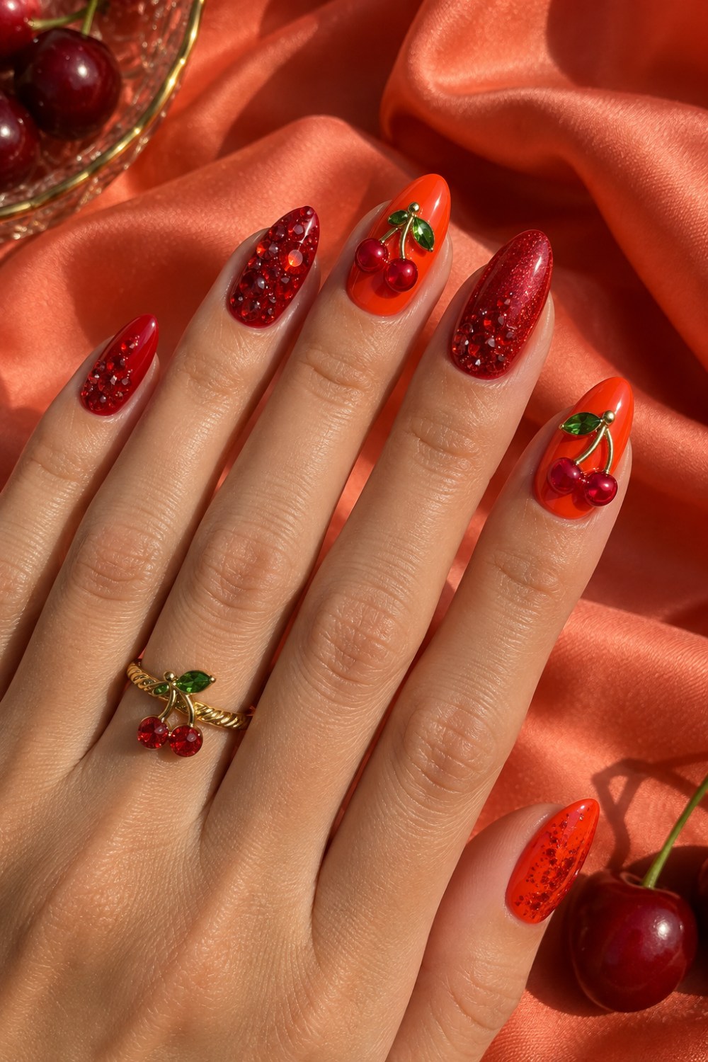 Scarlet-orange jelly color with cherry charms and green stems.