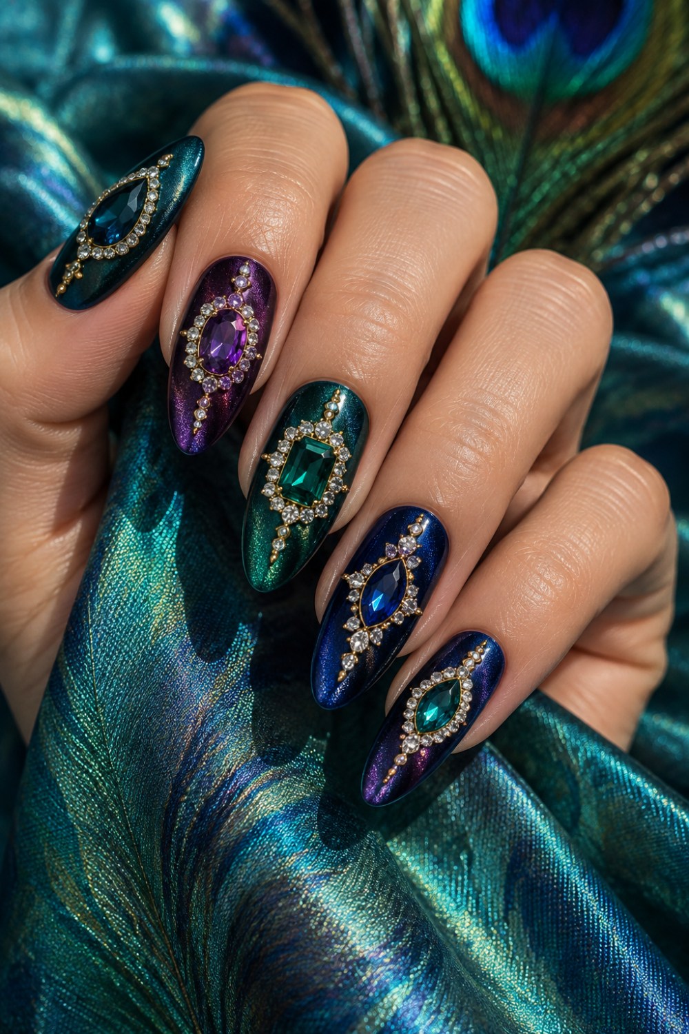 Teal, violet, emerald and blue magnetic polish with jewel centers.