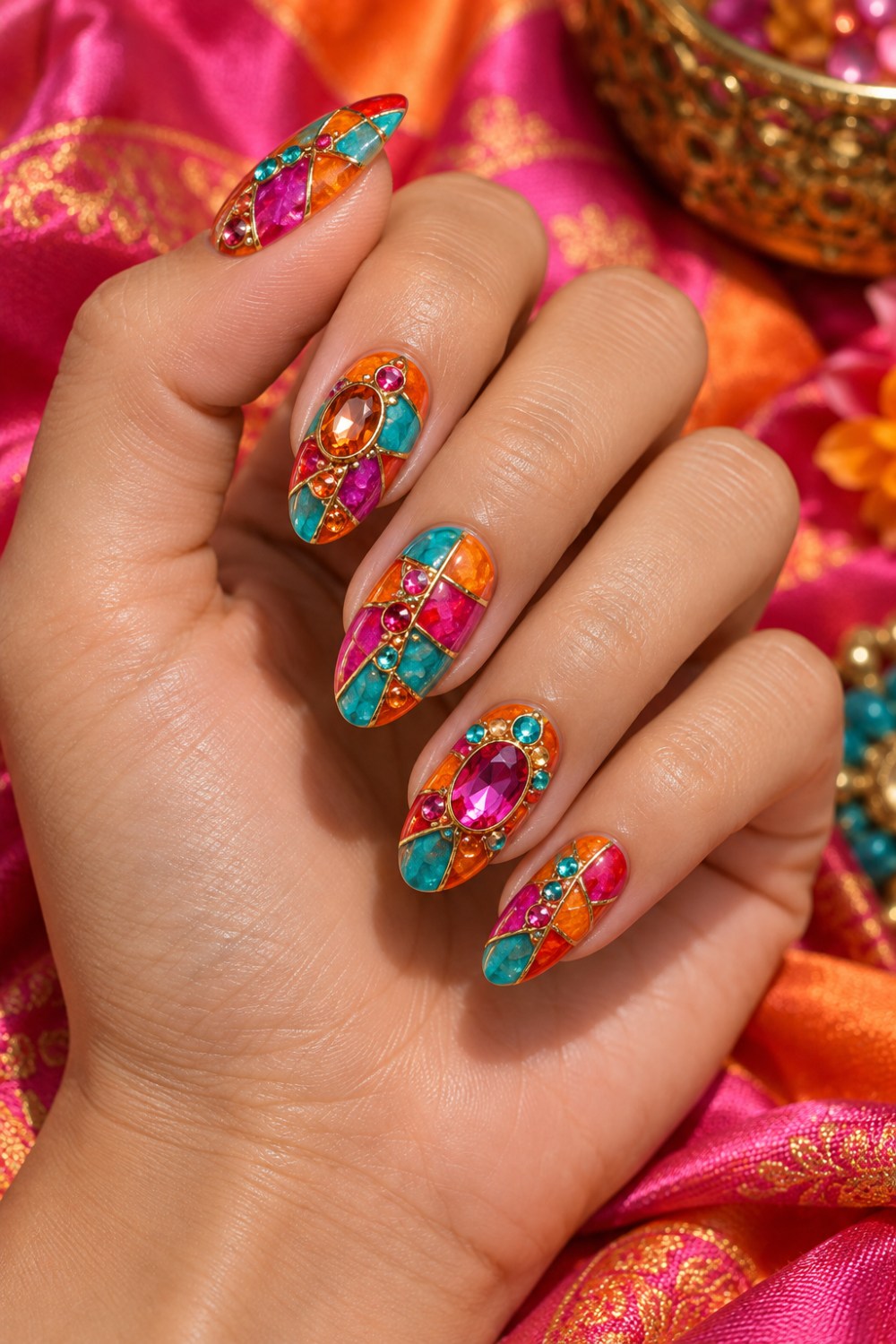 Tangerine, magenta and turquoise color blocks separated with gold lines.