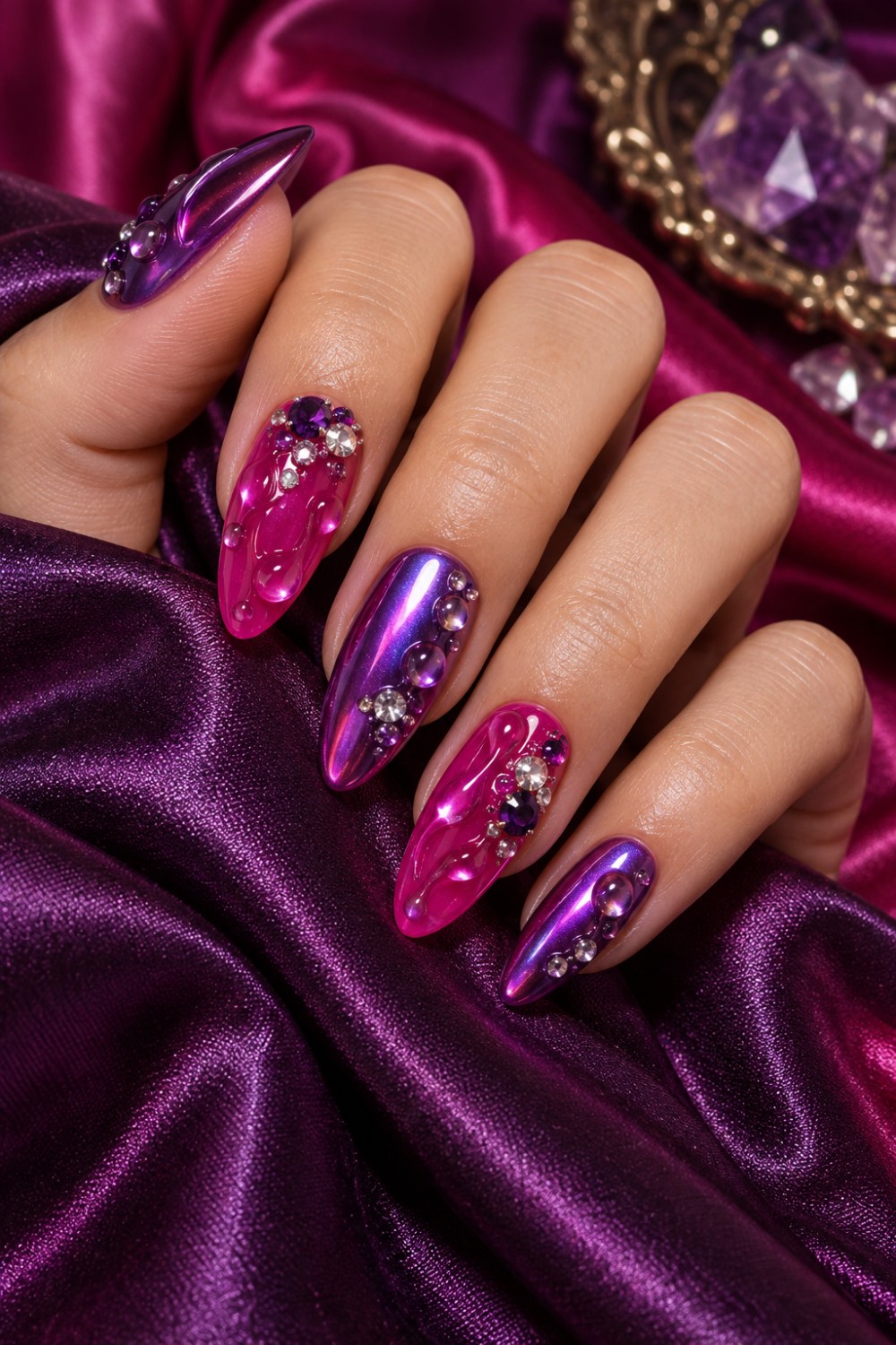 Fuchsia jelly and purple chrome with iridescent droplets.