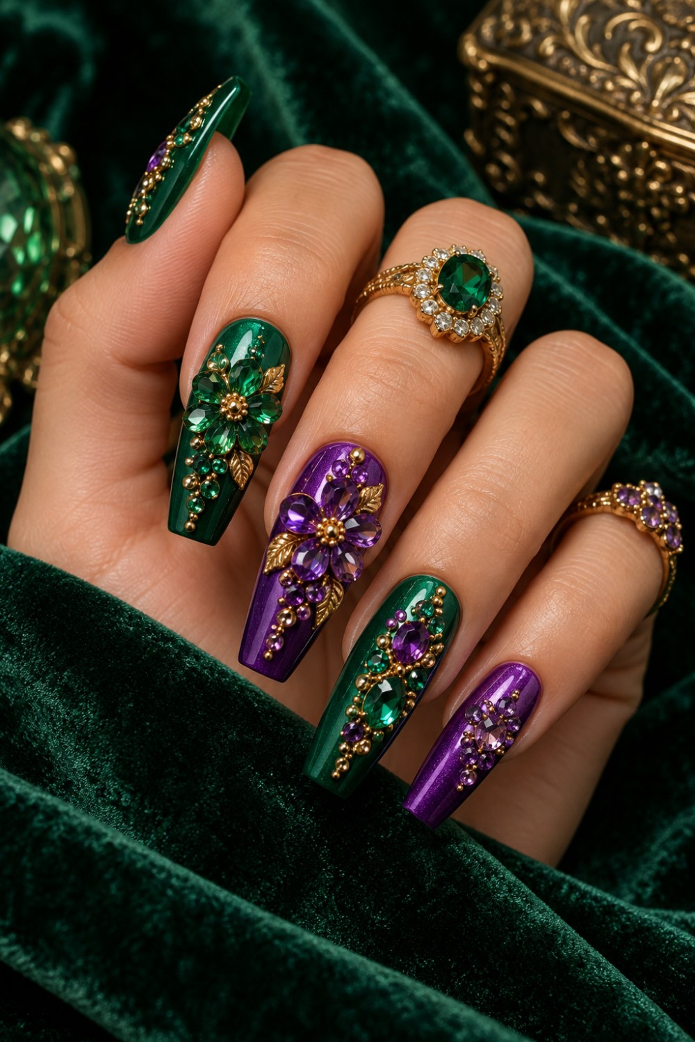 Emerald and violet polish with crystal petals and gold centers.