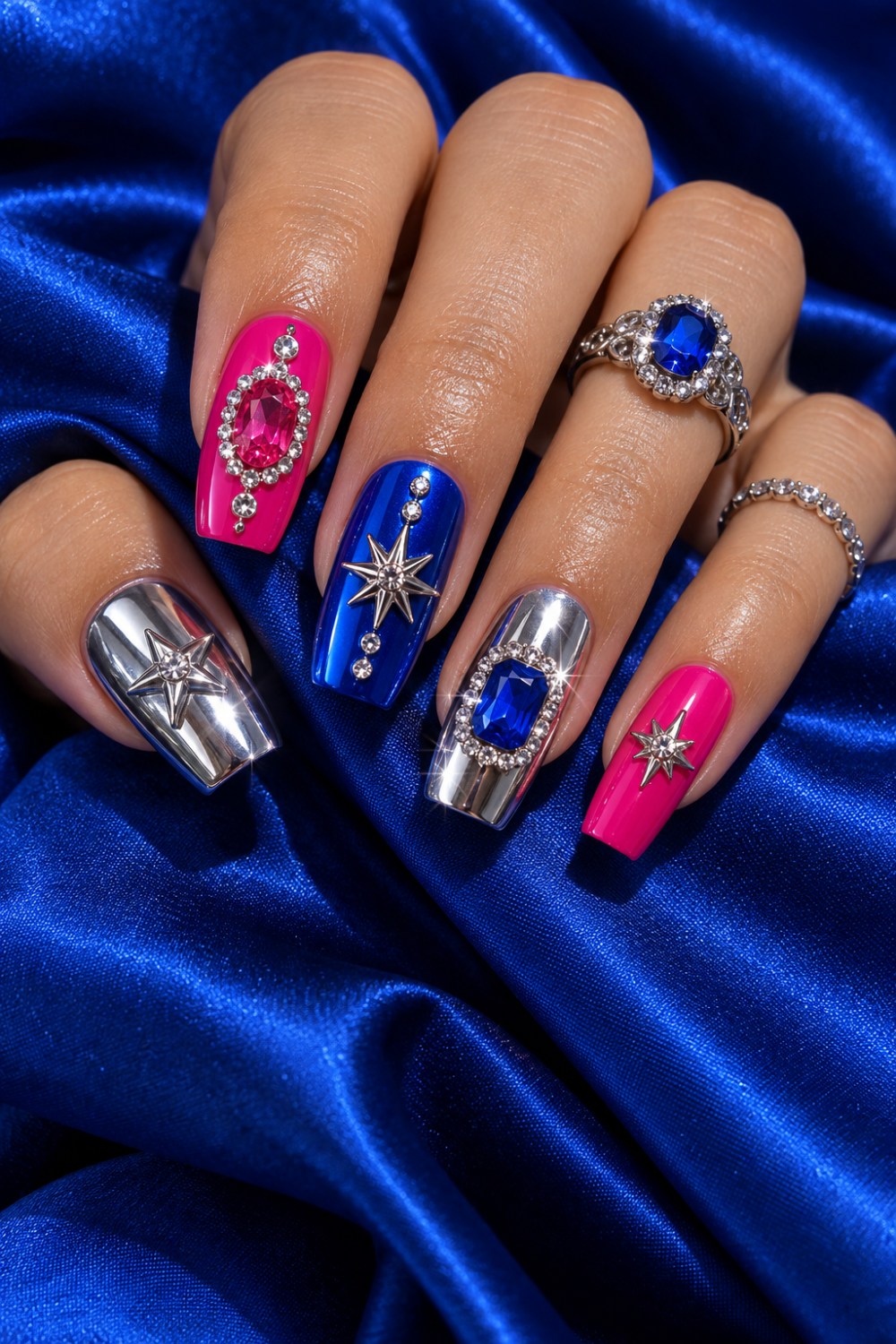 Mirror silver, hot pink and electric blue with 3D stars.