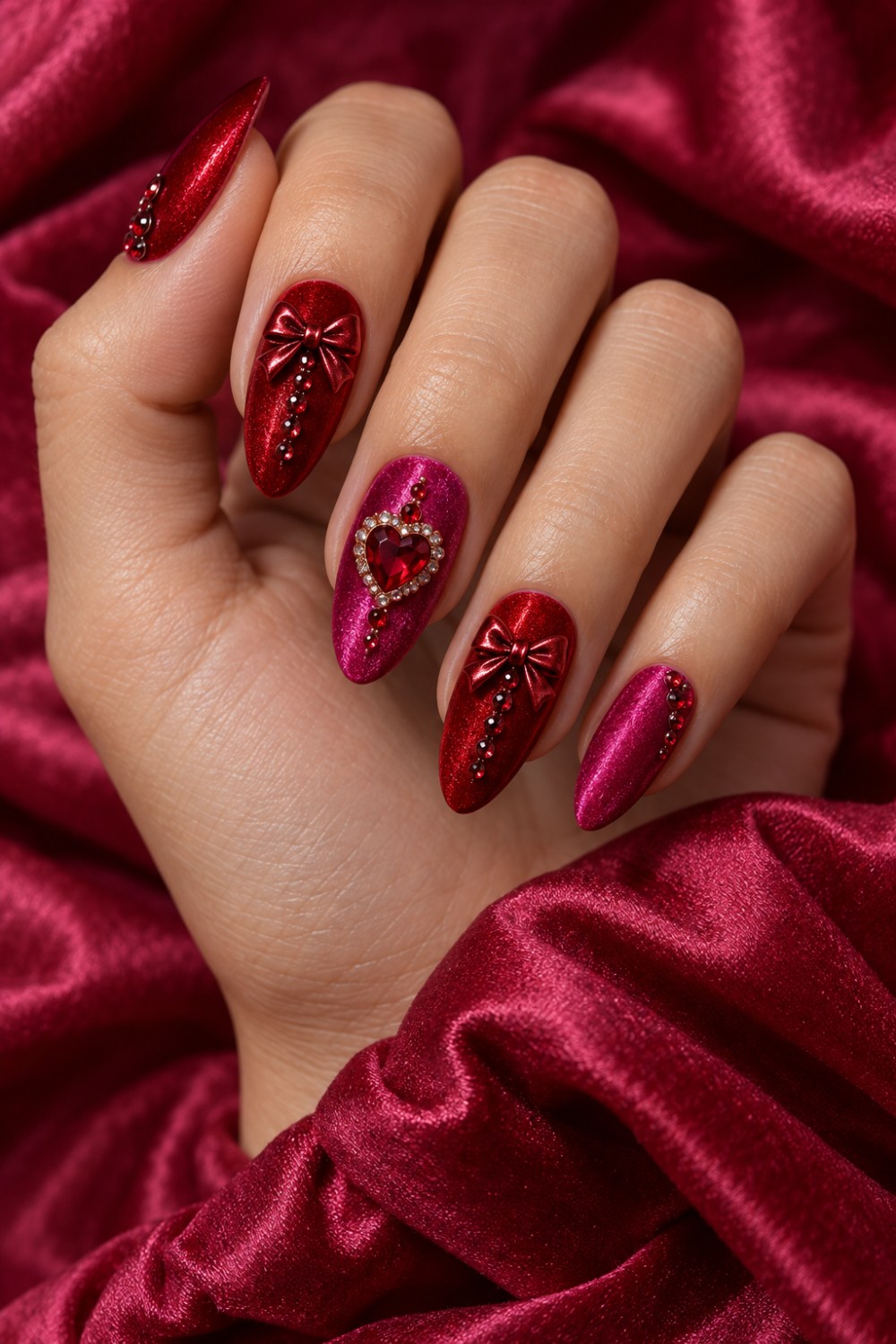 Scarlet magnetic shimmer, fuchsia bows and ruby trails.