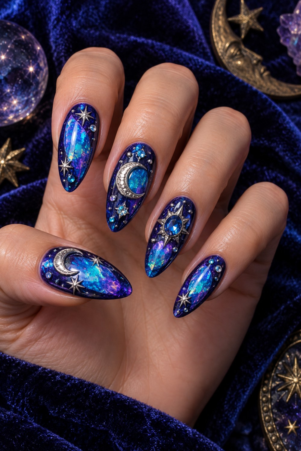 Indigo, turquoise and violet chrome with moons and opal flashes.