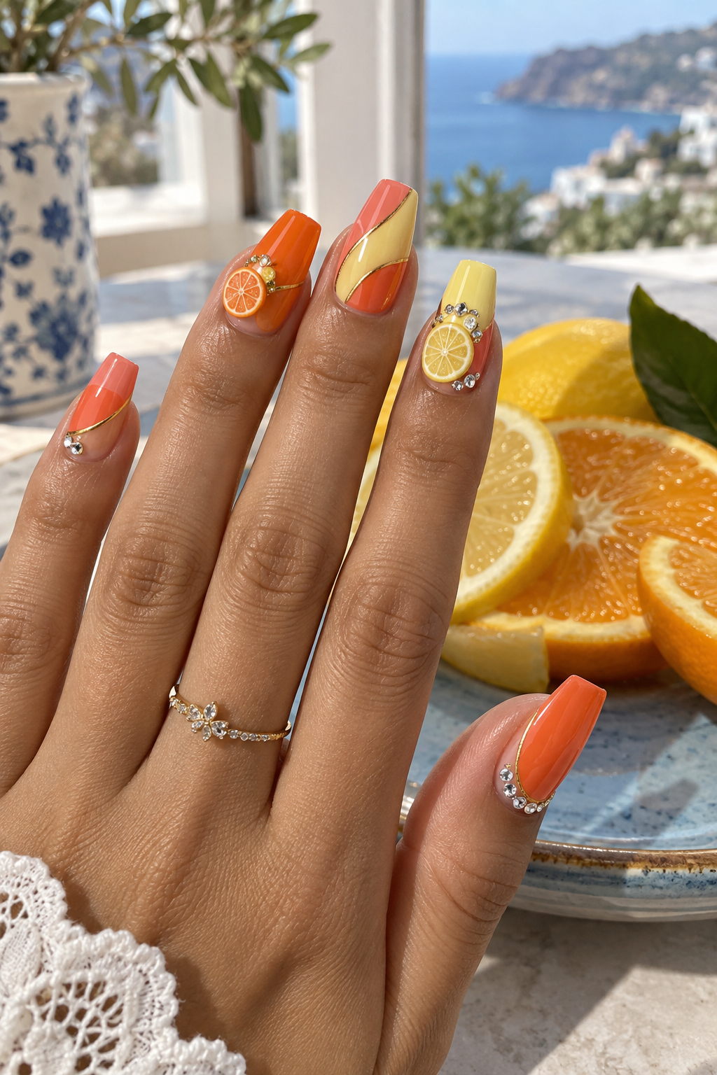 Lemon, lime, and orange slices pop against a bright, juicy color palette. Vertical fruit nail-art inspiration.