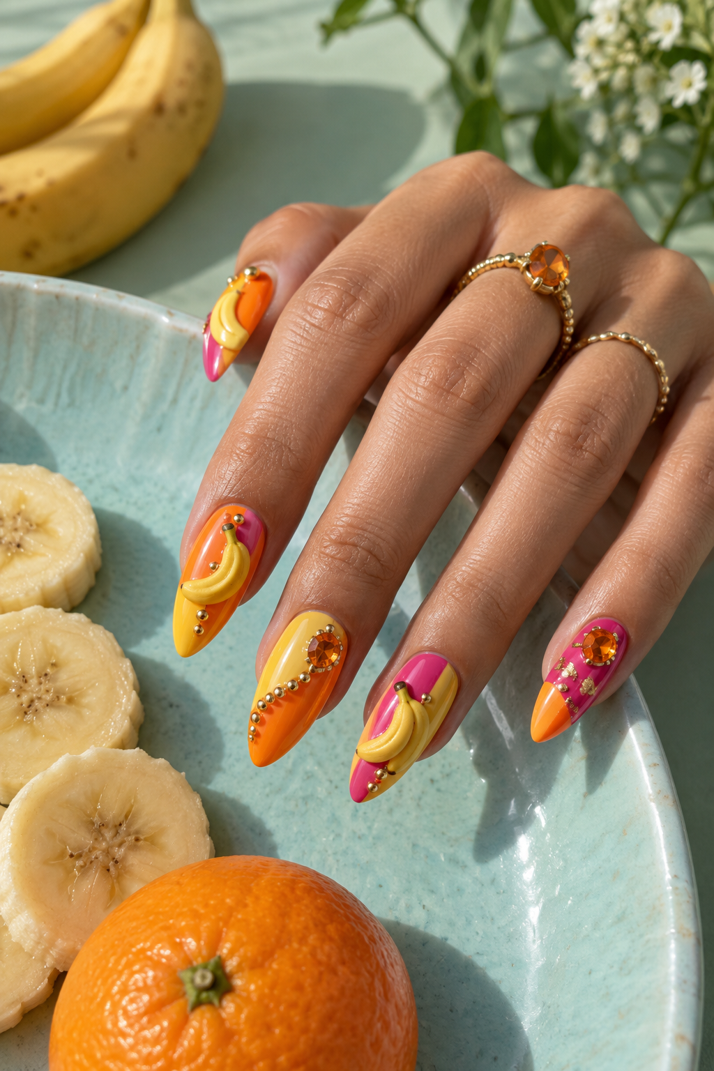 Banana yellow, tangerine, and pink make a bright mixed-fruit palette with glossy highlights. Vertical fruit nail-art inspiration.