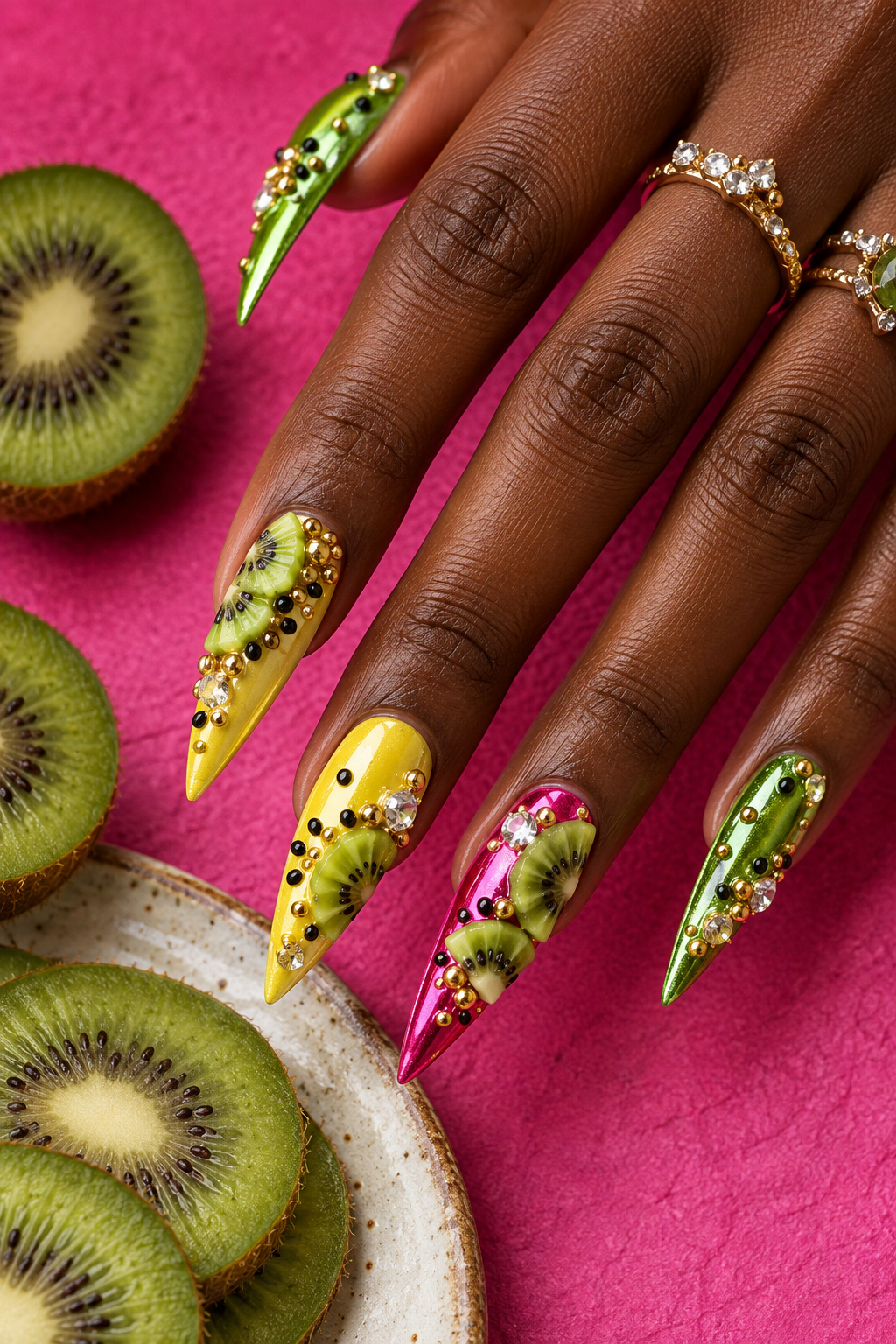 Bright kiwi green, tiny black seed details, and fresh cream accents create a graphic fruit look. Vertical fruit nail-art inspiration.