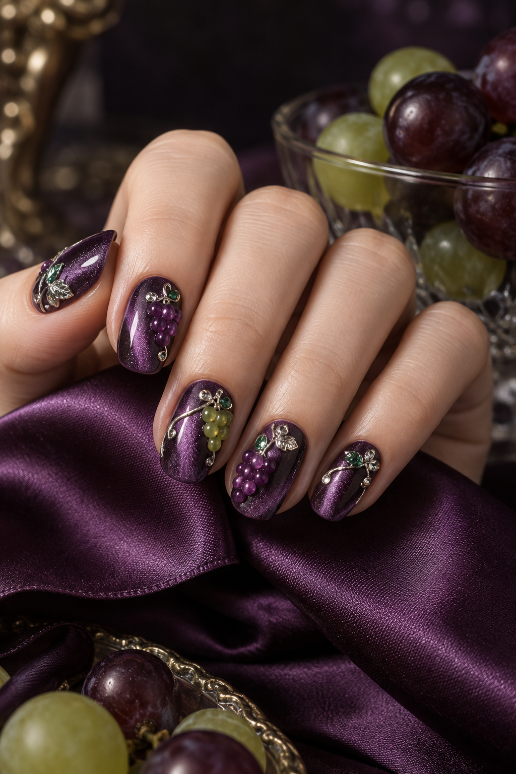 Violet and plum grape details pair with leafy accents and a rich purple palette. Vertical fruit nail-art inspiration.