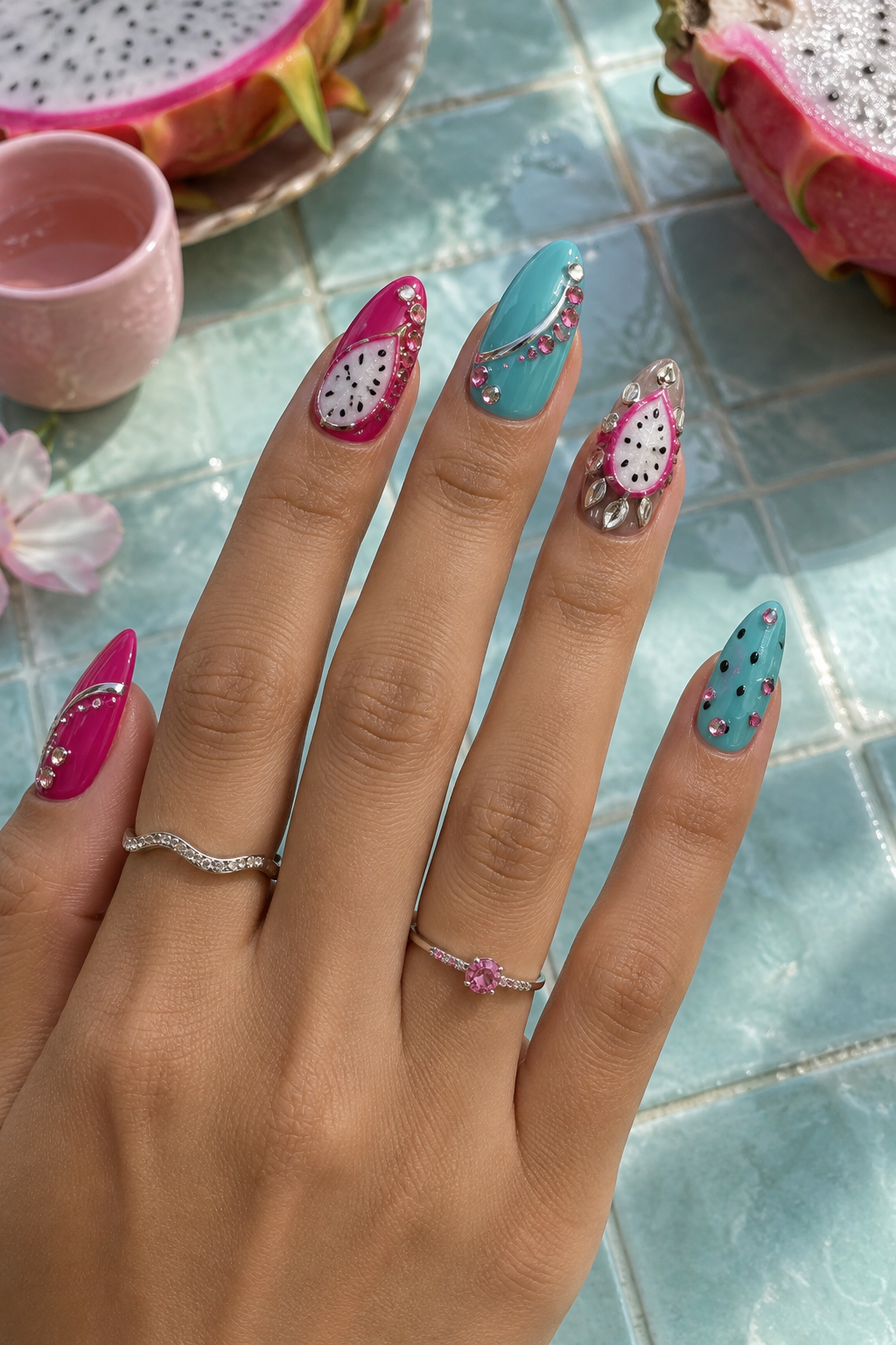 Soft pear green and creamy neutral nails are finished with pear motifs and small gold touches. Vertical fruit nail-art inspiration.