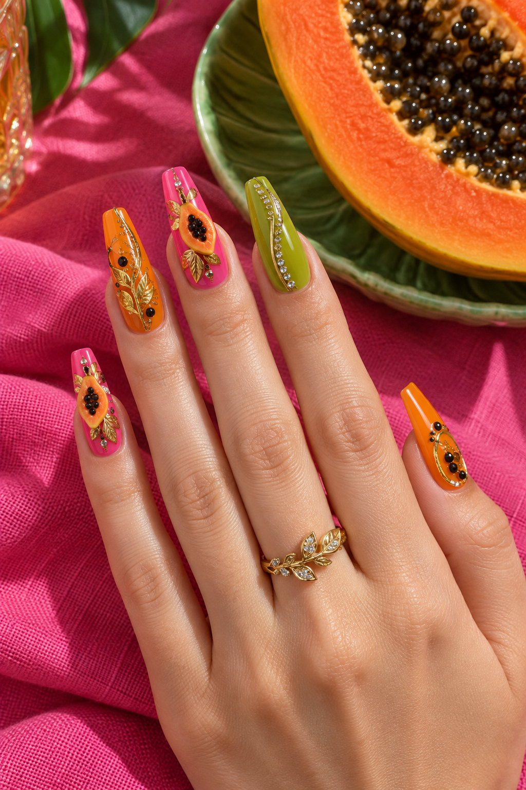 Papaya orange, hot pink, and leafy green make a saturated tropical mix with tiny crystal accents. Vertical fruit nail-art inspiration.
