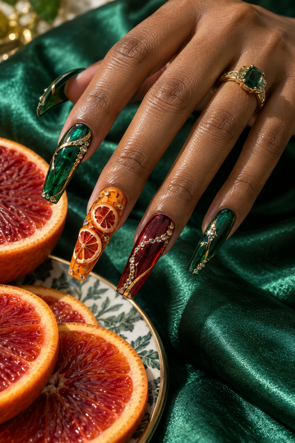 Blood-orange red, citrus orange, and sparkling accents create a dramatic citrus palette. Vertical fruit nail-art inspiration.