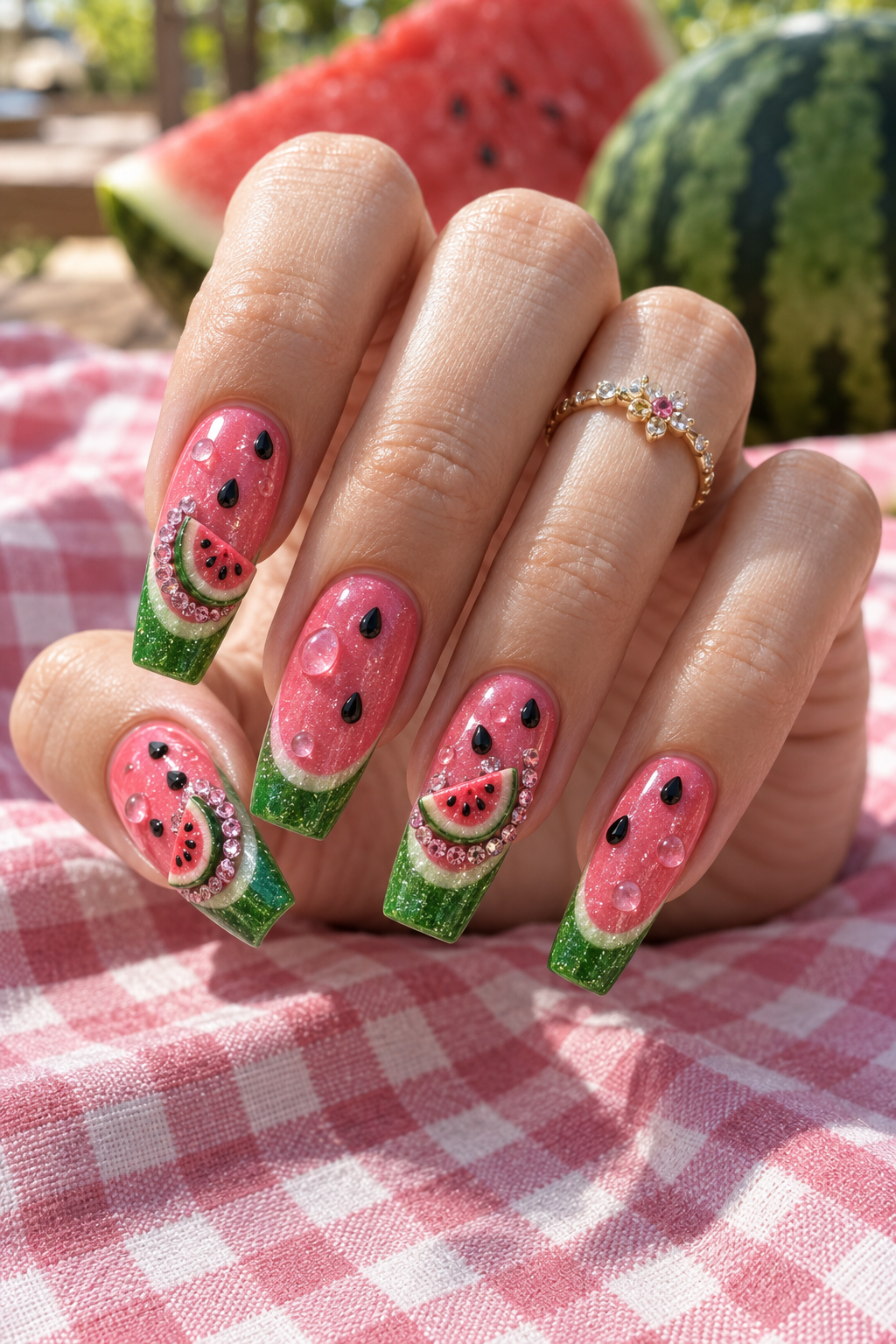 Watermelon-pink polish, green rind details, and tiny black seed accents make a playful summer set. Vertical fruit nail-art inspiration.