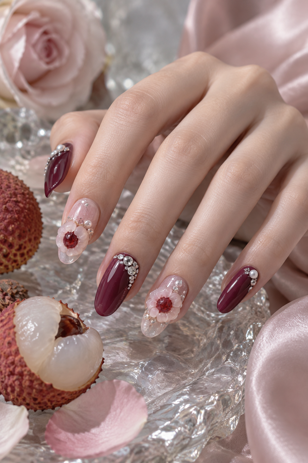 Translucent blush, soft white, and pearly accents give lychee-inspired nail art a light finish. Vertical fruit nail-art inspiration.