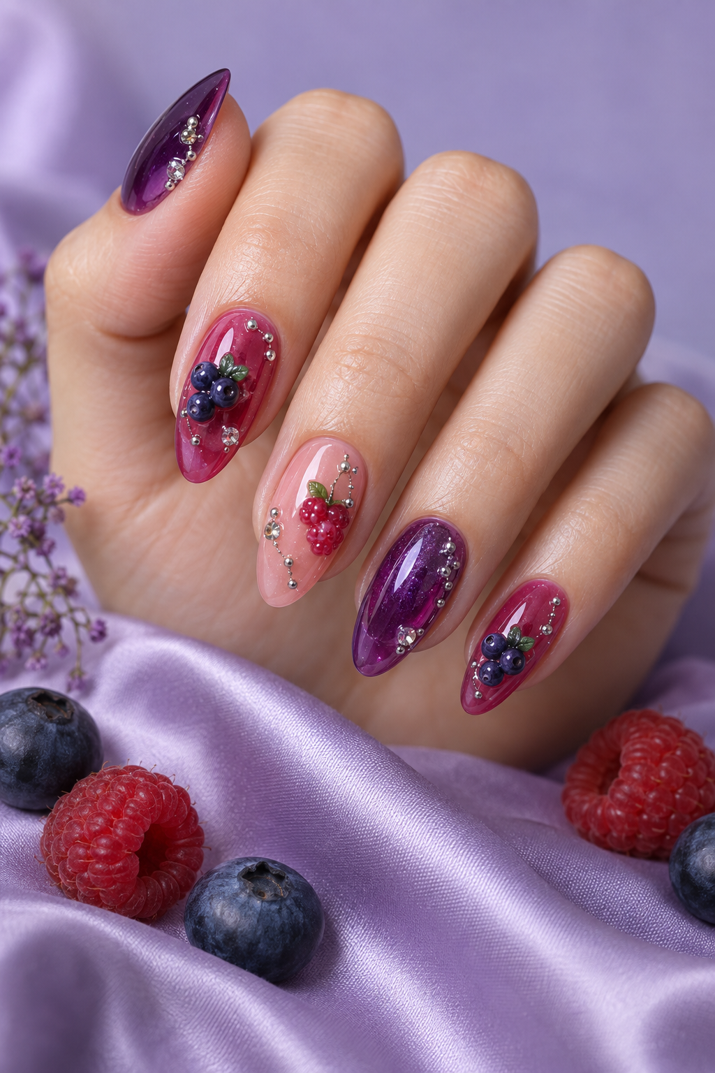 Indigo blueberries and raspberry pink accents share space with glossy leaves and little crystals. Vertical fruit nail-art inspiration.