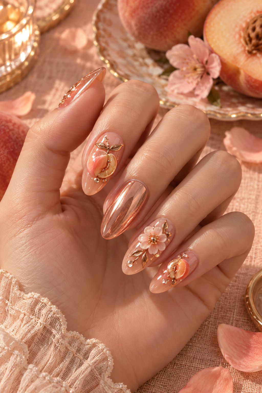 Soft peach and coral tones meet rose-gold shimmer and delicate fruit details. Vertical fruit nail-art inspiration.