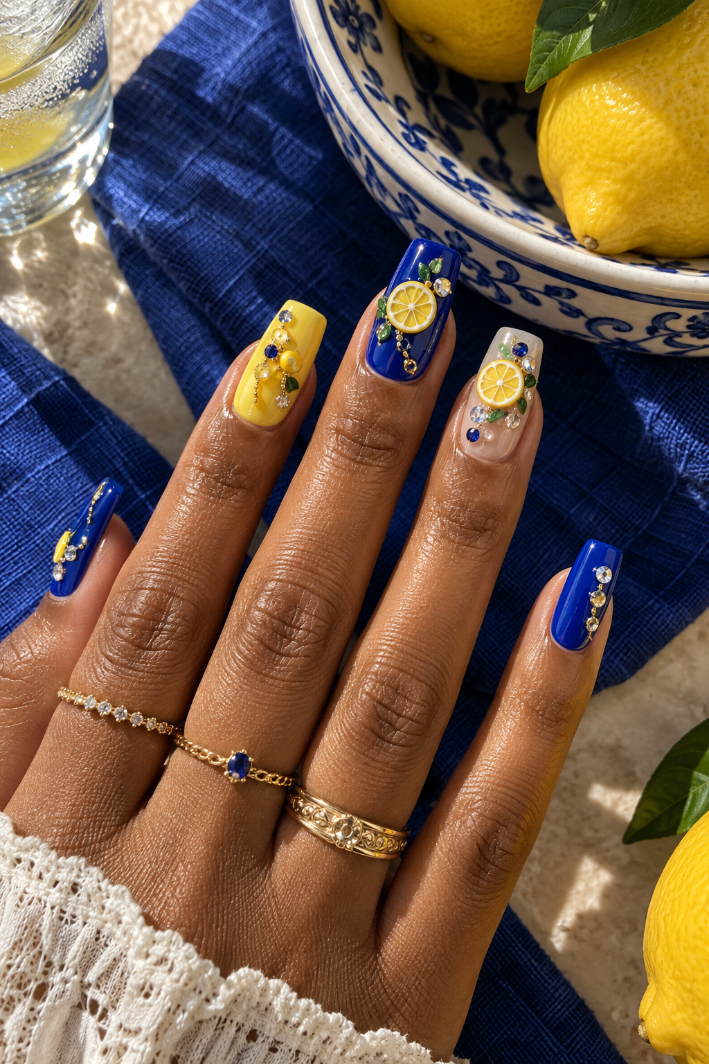 Sunshine yellow lemons stand out against saturated cobalt polish and crisp white details. Vertical fruit nail-art inspiration.