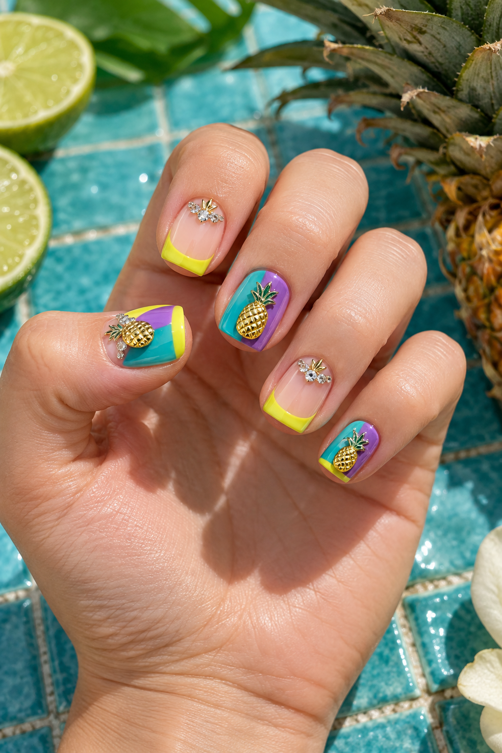 Golden pineapple details sit beside glossy yellow and leafy green accents. Vertical fruit nail-art inspiration.