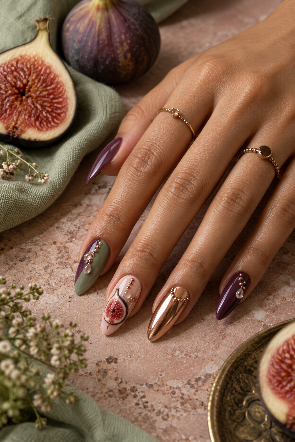 Plum, muted sage, and fig-inspired art create a jewel-toned look with warm metallic accents. Vertical fruit nail-art inspiration.