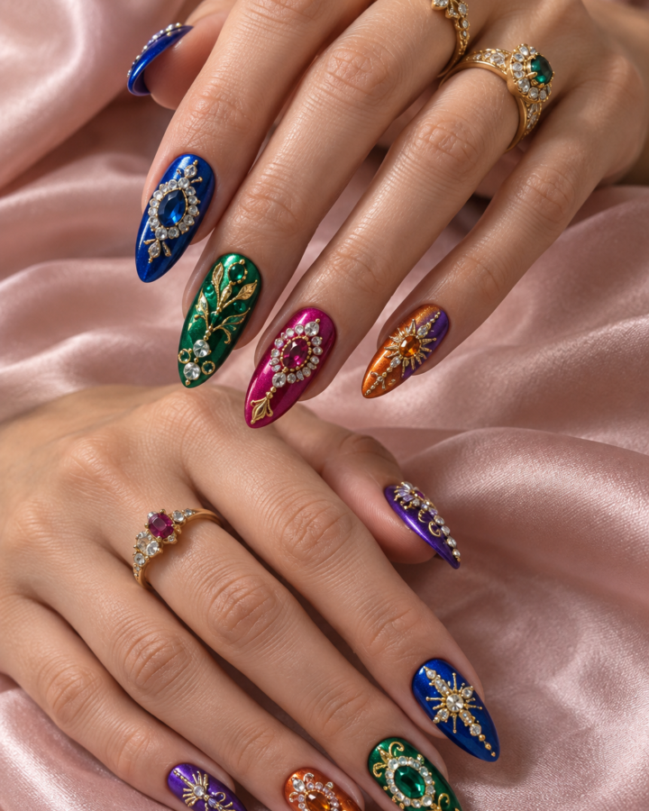 Two hands with ornate cobalt, emerald, fuchsia, orange and violet rhinestone nails, detailed with gold filigree and crystal halos.