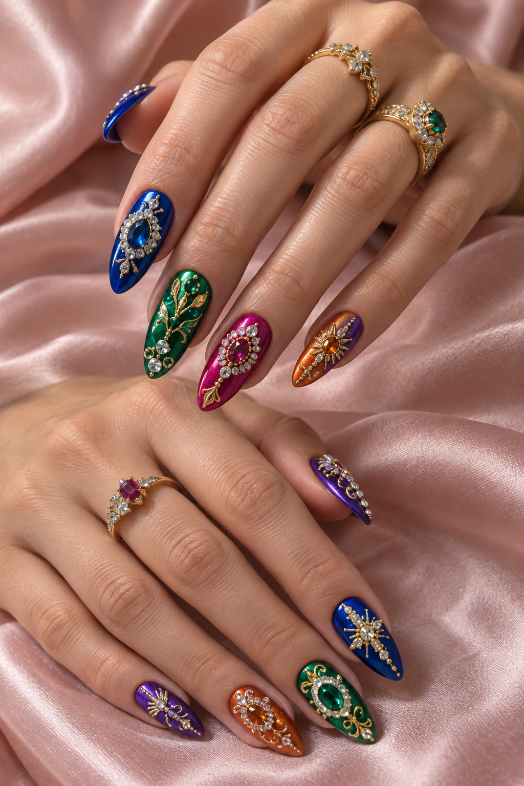 Two hands with ornate cobalt, emerald, fuchsia, orange and violet rhinestone nails, detailed with gold filigree and crystal halos.
