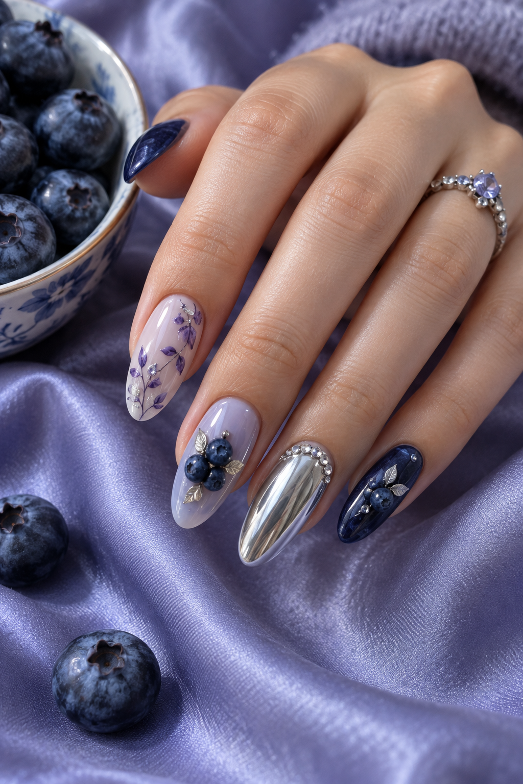 Blueberry blue polish and reflective details turn a familiar berry palette into a high-shine set. Vertical fruit nail-art inspiration.
