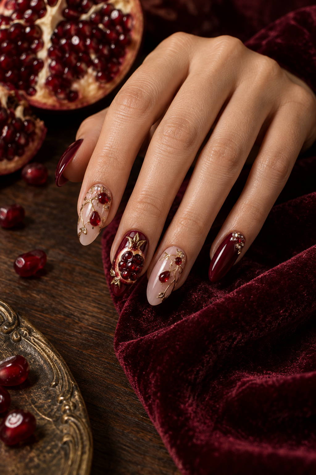 Ruby red polish, pomegranate jewel tones, and tiny gold accents create a deeper fruit-inspired set. Vertical fruit nail-art inspiration.