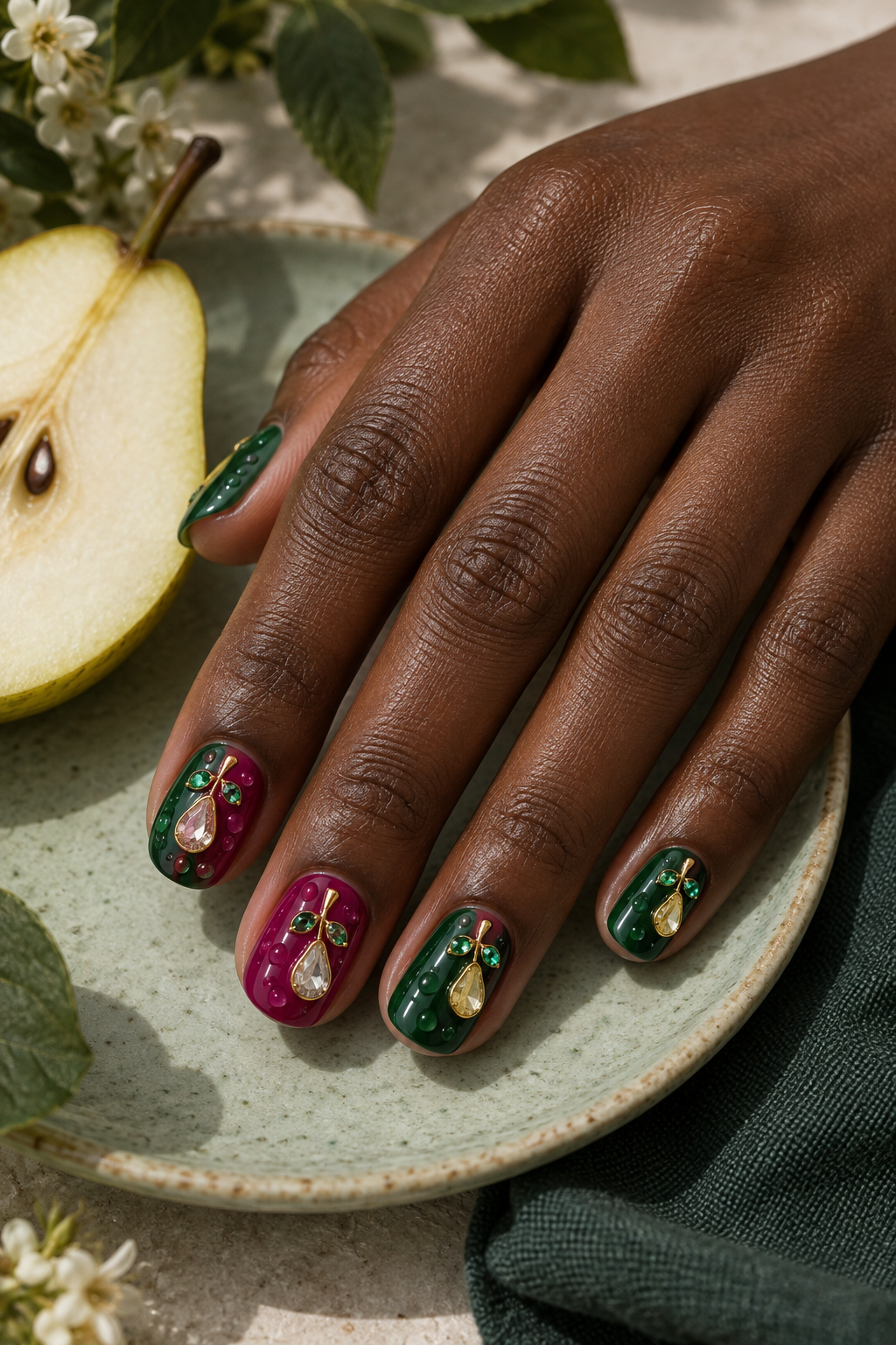 Vivid dragon-fruit pink contrasts with lime-green edges and tiny seed details. Vertical fruit nail-art inspiration.