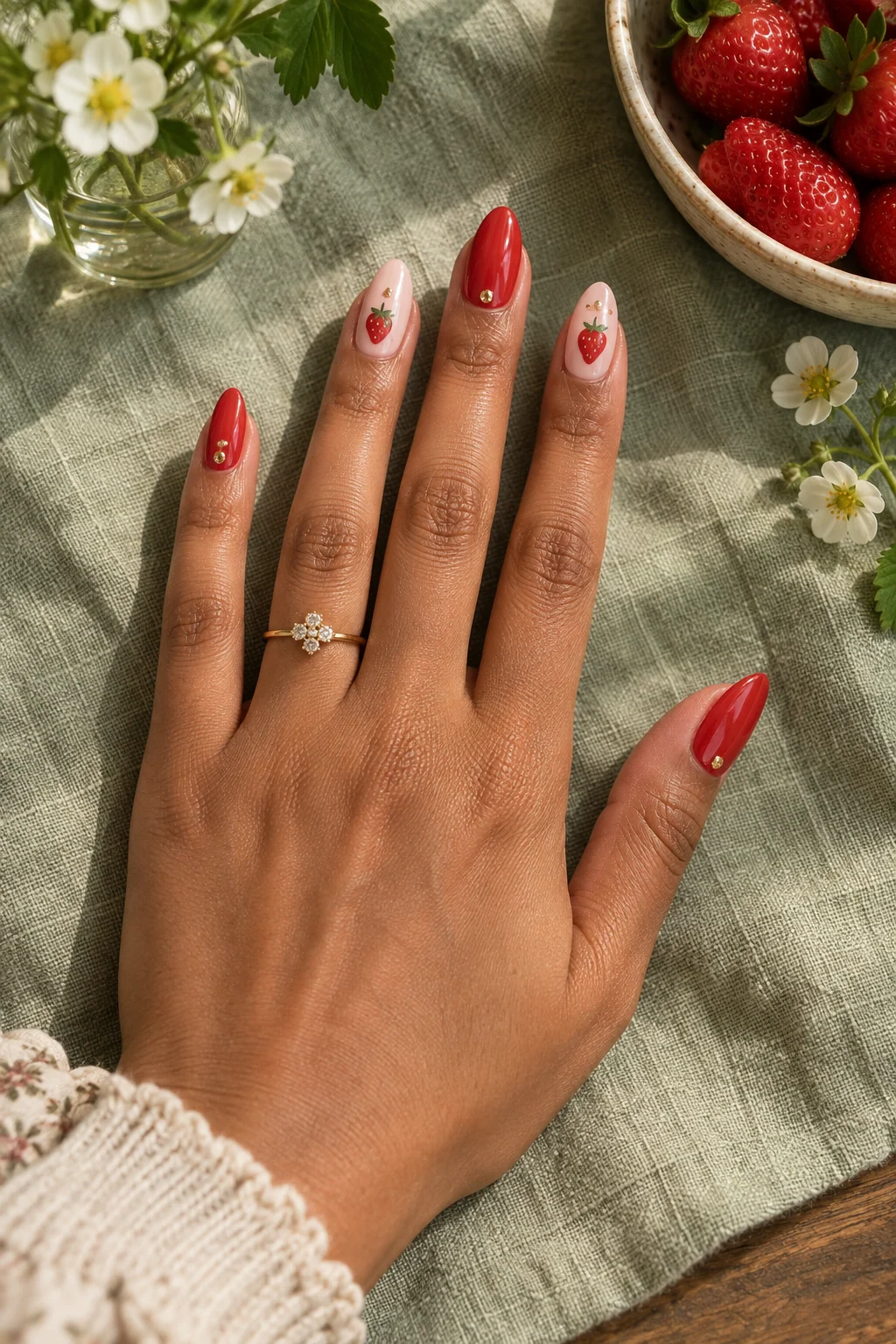 Five visible fingers with glossy strawberry-red and blush nails, small strawberry accents and gold crystals on sage linen.